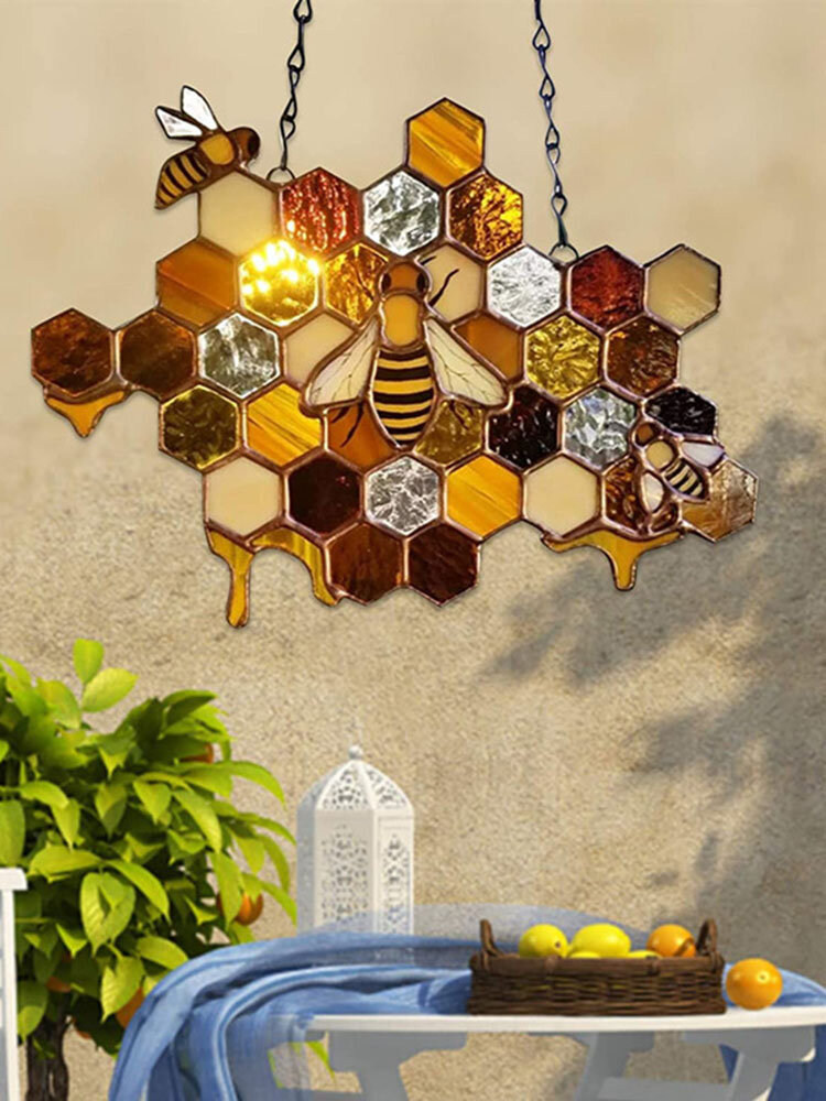 1 PC Acrylic Honeycomb Bee Printing Home Garden Suncatcher Pendant Wall Hanging Multi-Purpose Decoration