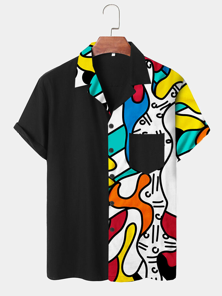 

Mens Abstract Geometric Print Patchwork Revere Collar Short Sleeve Shirts, Black