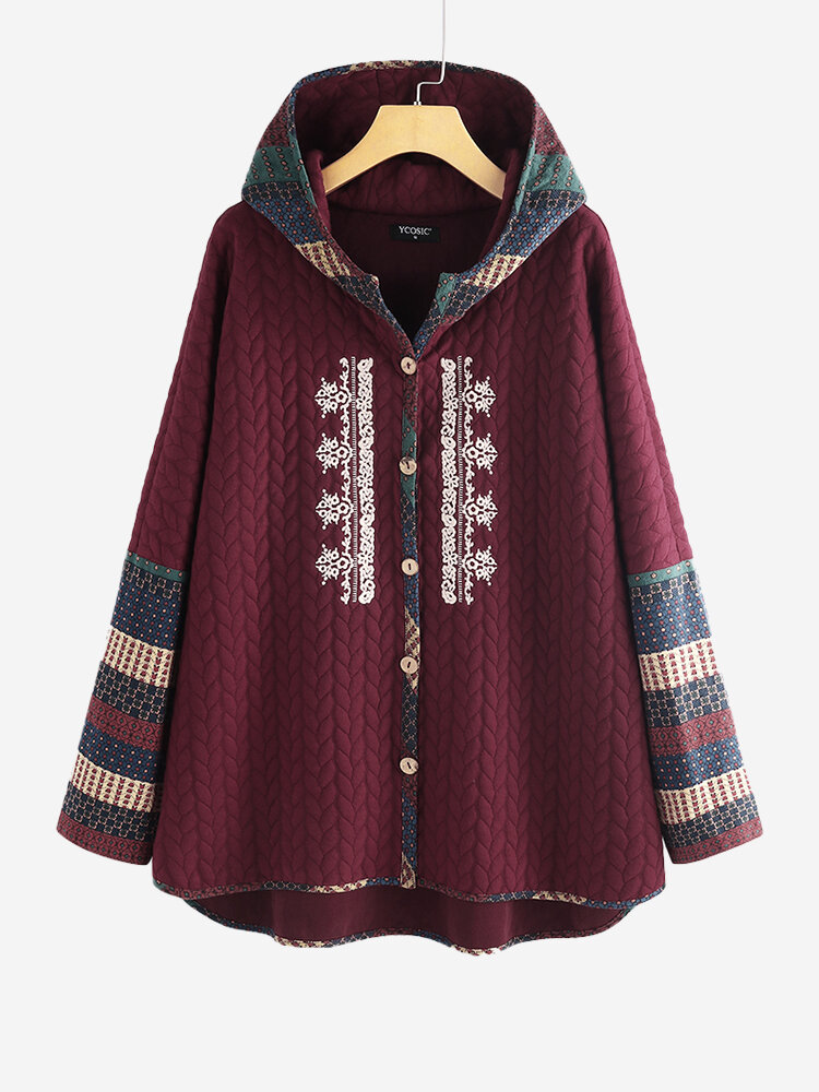 Jacquard Vintage Patch Ethnic Hooded Button Long Sleeve Coat