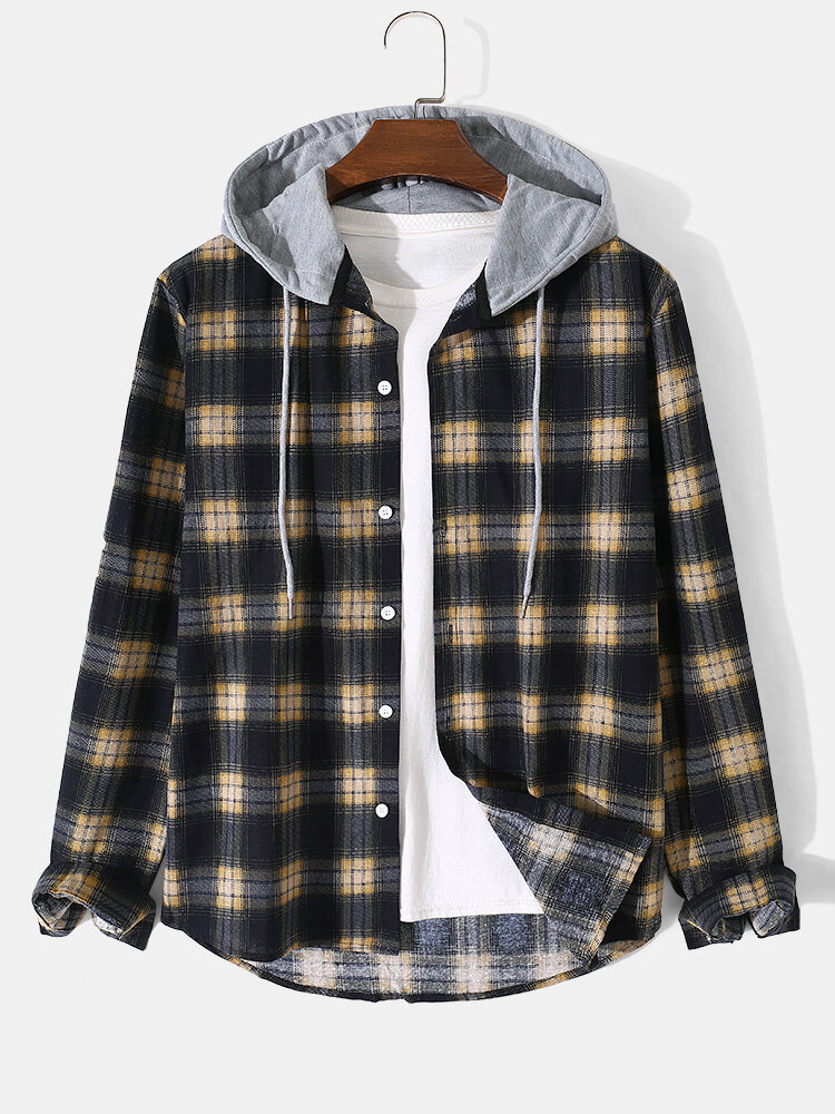 Mens Plaid Button Front Preppy Drawstring Hooded Long Sleeve Shirts