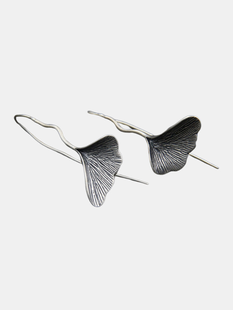Vintage S925 Sterling Silver Ginkgo Leaf Earrings Geometric Stereoscopic Leaf Pendant Earrings