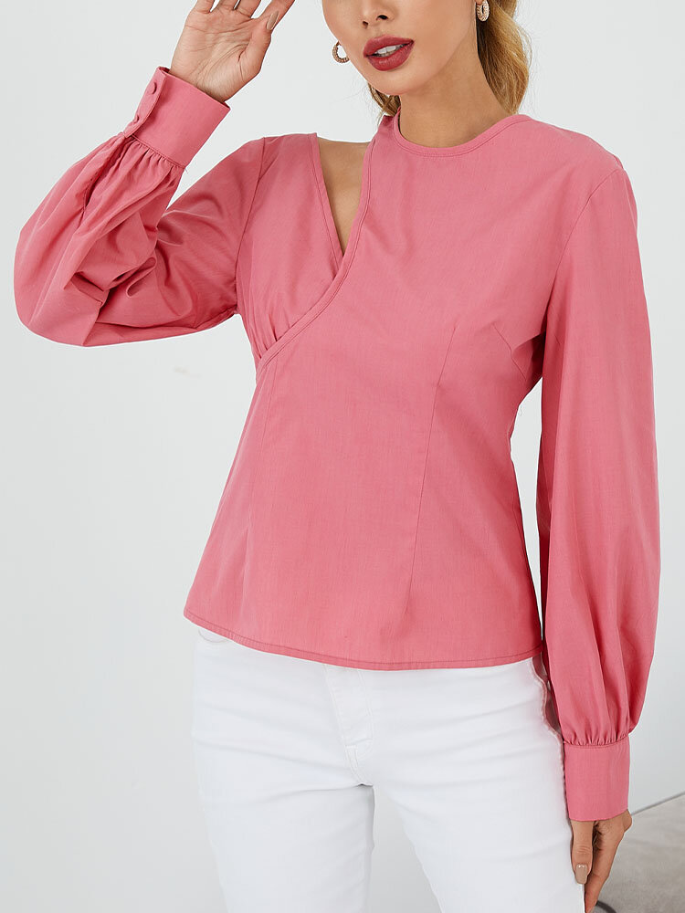 Solid Color O-neck Long Sleeve Button Casual Blouse For Women