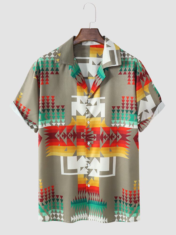 

Mens Colorful Geometric Printed Revere Collar Short Sleeve Shirts, Multi color