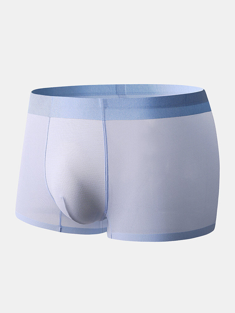 

Men Ice Silk Nude Boxer Briefs Pure Color Thin Breathable Double Layer Pouch Underwear, Black;sky blue;grey;pink;blue