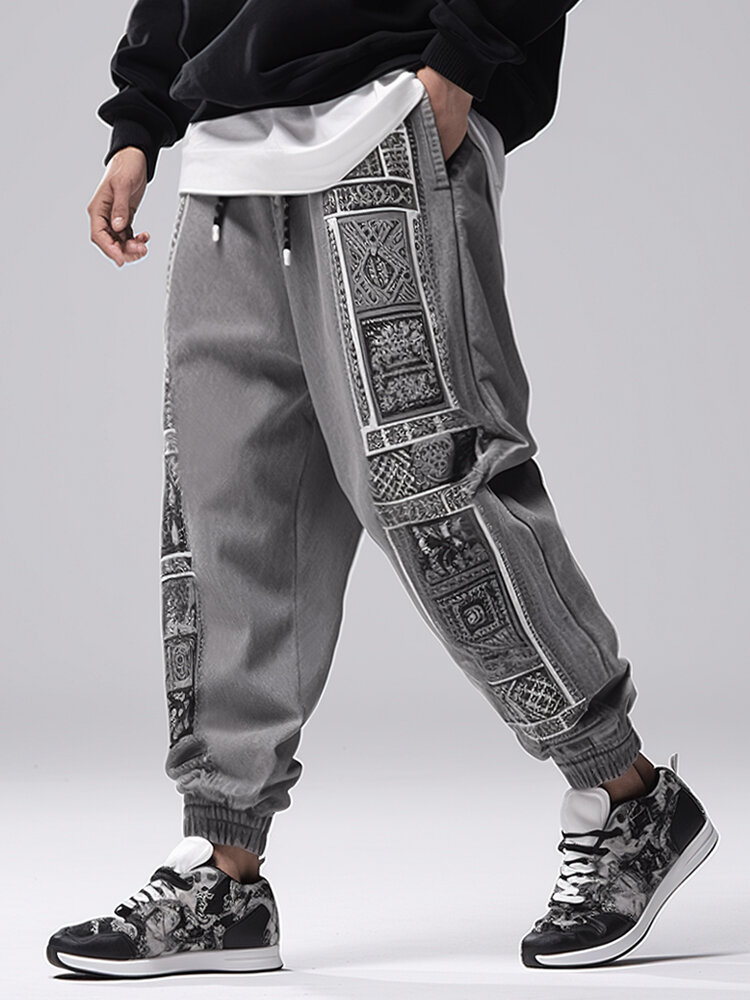Pantalon ample à taille avec cordon de serrage pour hommes, motif ethnique monochrome, patchwork