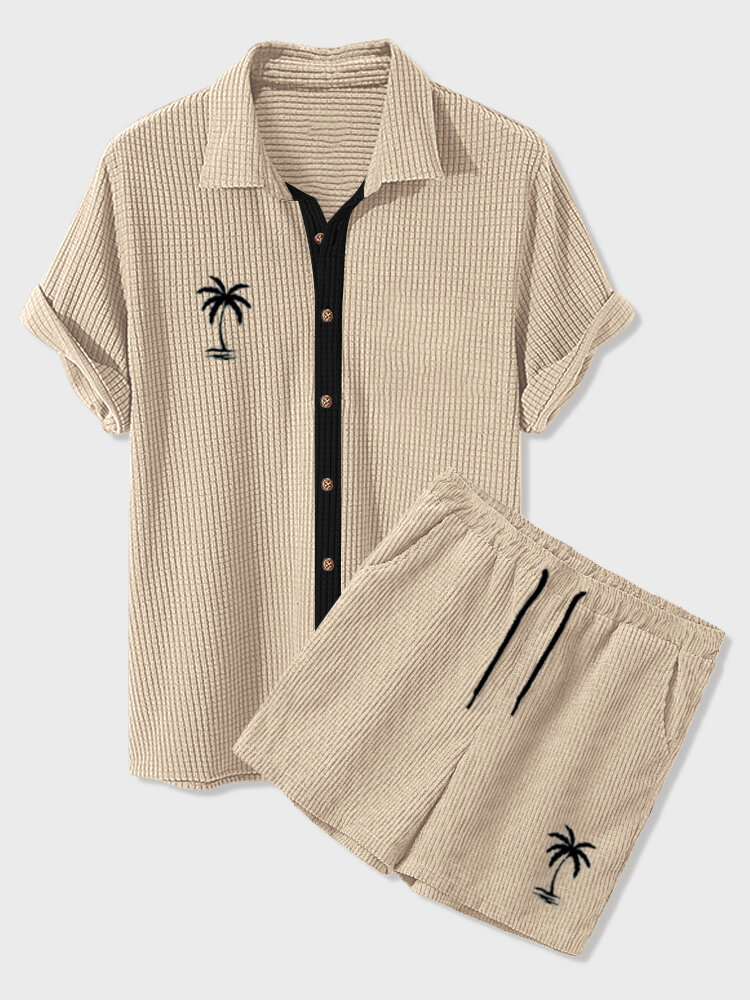 Mens Palm Tree Embroidery Button Up Texture Two Pieces Outfits