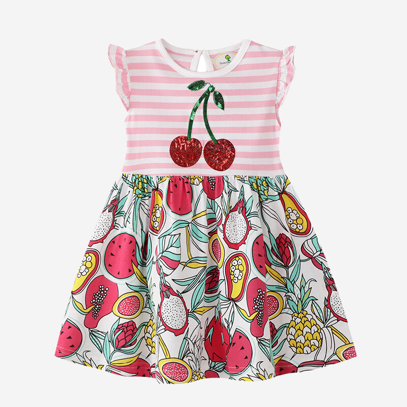 Girl's Flying Sleeves Striped Colorful Cherry Print Sequined Casual Dress For 2-10Y