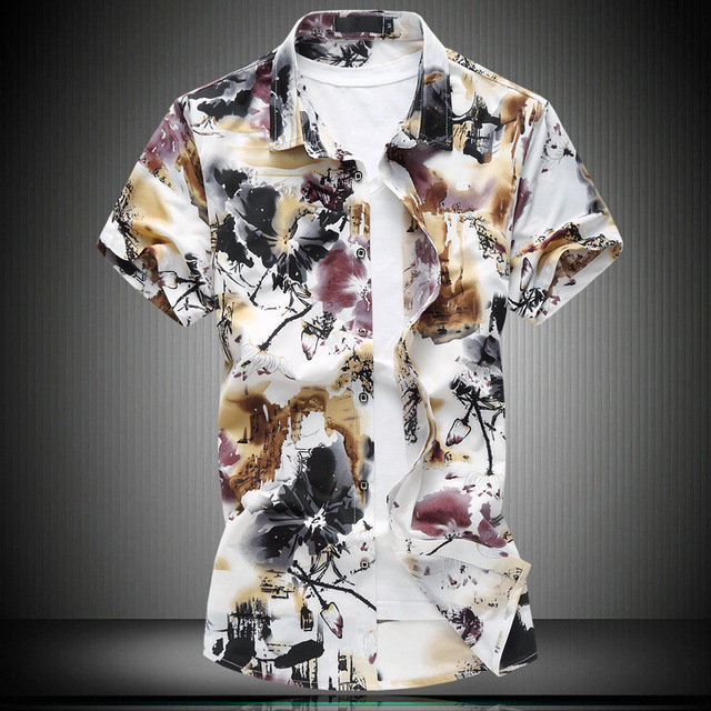 2017 Season New Men's Short-sleeved Flower Shirt Plus Fat Large Color Short-sleeved Shirt Tide