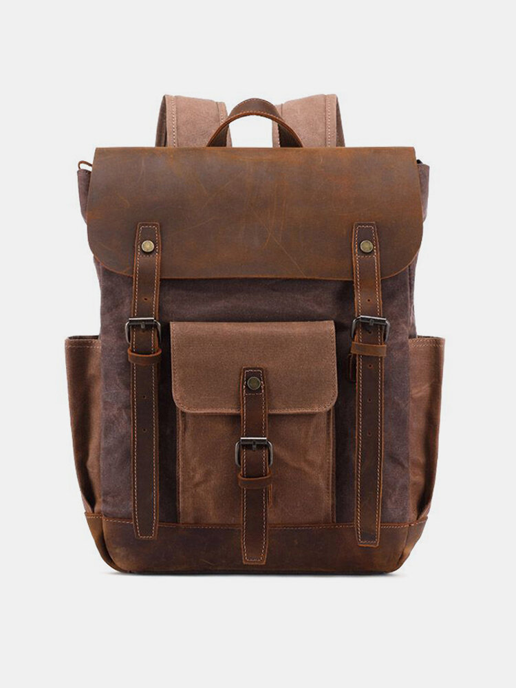Men Retro Outdoor Waterproof Genuine Leather Canvas Patchwork Hiking Travel Backpack