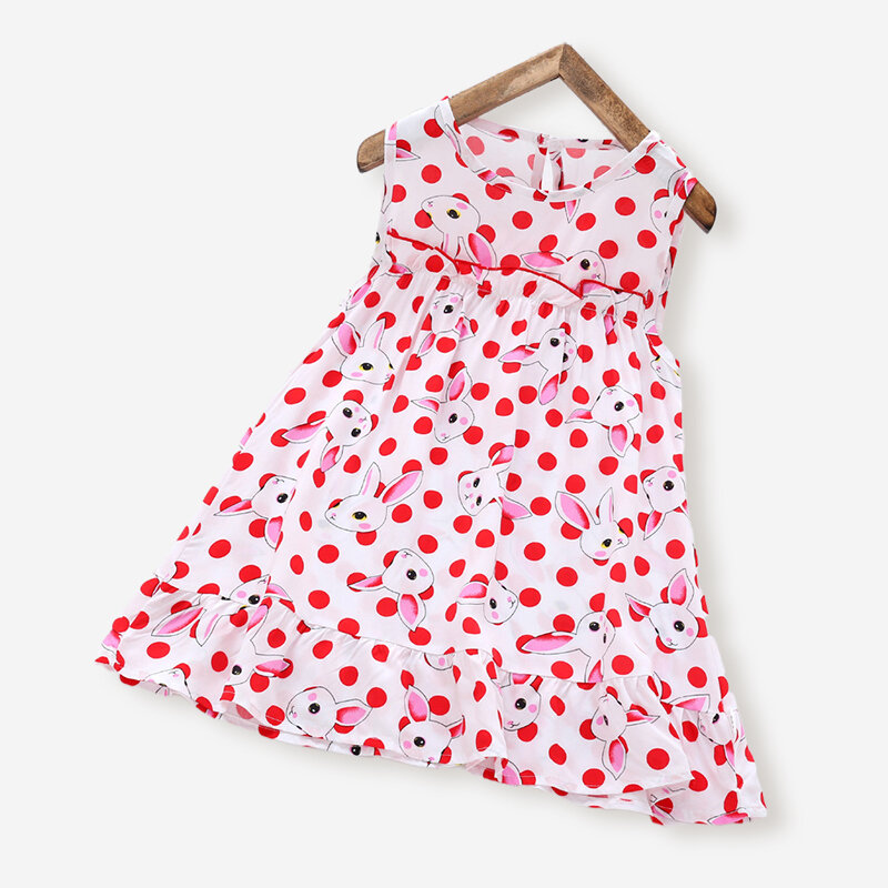 Girl's Rabbits Dot Print Sleeveless Ruffled Casual Dress For 3-10Y