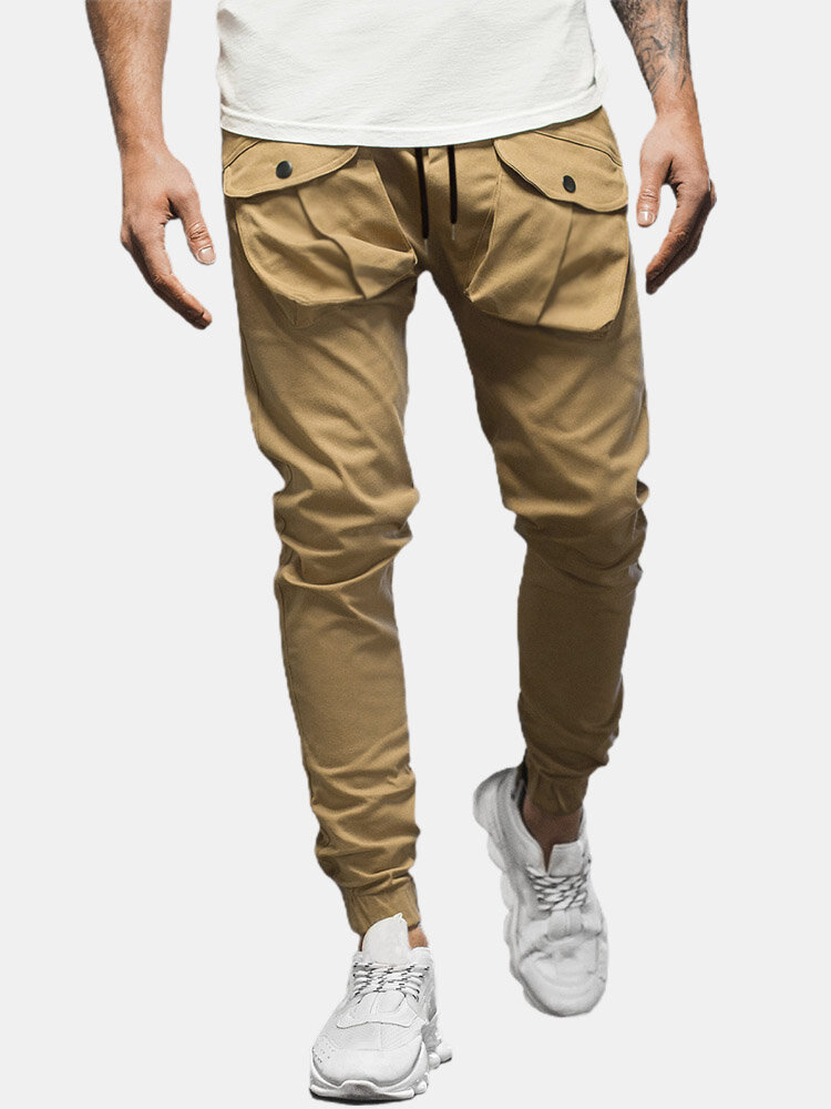 Mens Solid Color Double Flap Pocket Casual Drawstring Joggers Pants