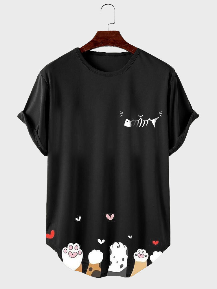 

Mens Cartoon Cat Claw Print Curved Hem Short Sleeve T-Shirts, Black