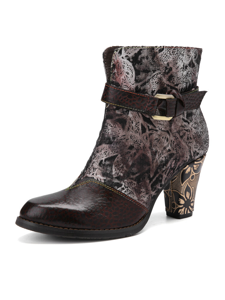 Socofy Women Retro Buckle Design Floral Printed Leather Patchwork Side Zipper Chunky Heel Short Boots