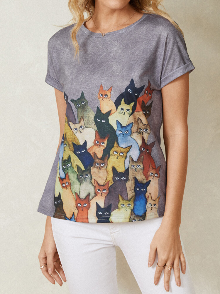 Cartoon Cat Print Short Sleeve O-neck Casual T-Shirt For Women