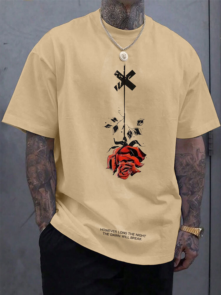 Herren-T-Shirt mit Rundhalsausschnitt und Rosen-Buchstabendruck, kurzärmelig