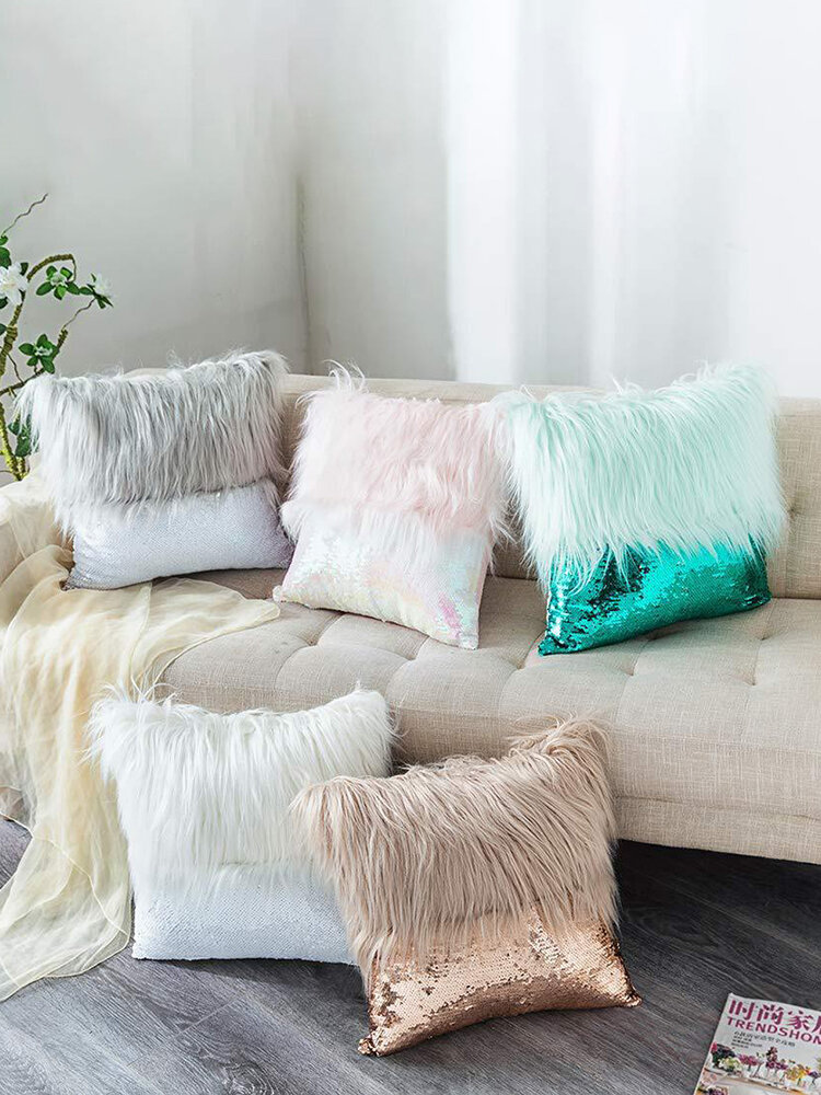 

1Pc Plush And Sequin Stitching Cushion Long Hair Pillow Plush Pillowcase Home Sofa Throw Pillows, Gray;coffee;blue;white;pink