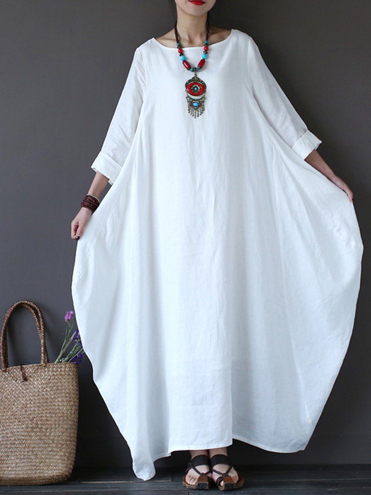 Vintage Women Solid 3/4 Sleeve Loose Maxi Dress with Pocket