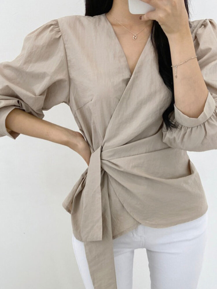 Solid Tie Side Puff Long Sleeve V-neck Blouse For Women