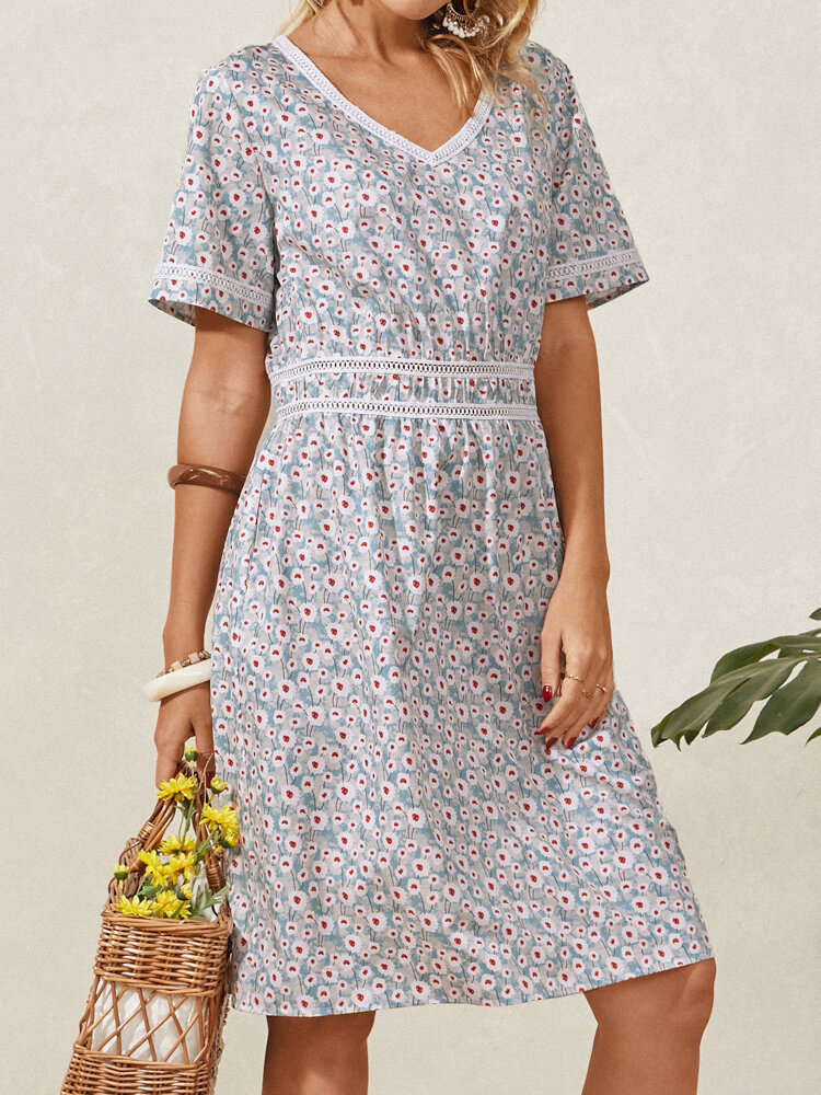 Floral Print Embroidery Zip Up Short Sleeve Midi Dress With Pocket