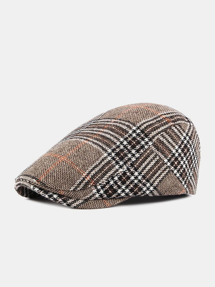 Men Polyester Cotton Vintage Colorful Lattice Pattern British Casual Warmth Forward Hat Beret Flat Cap