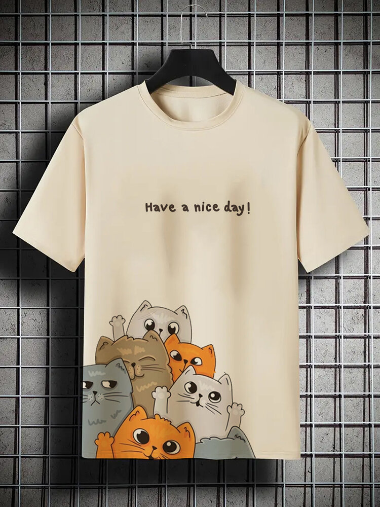 Mens Cartoon Cat Slogan Print Crew Neck Casual Short Sleeve T-Shirts Winter