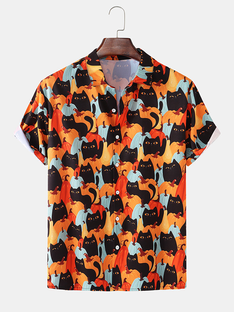 Mens All Over Cat & Pumpkin Print Cute Short Sleeve Shirts