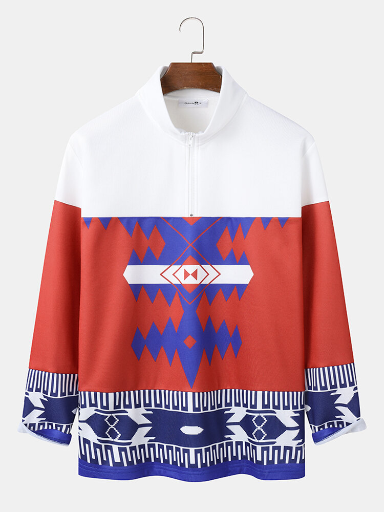 Mens Ethnic Geometric Print Stand Collar Half Zip Pullover Sweatshirts