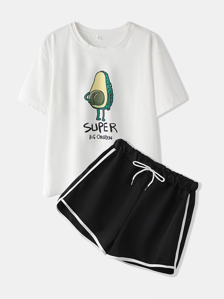 

Avocado Print Cute Pajamas Short Set Cartoon Workout Sleepwear With Sports Shorts For Women, White