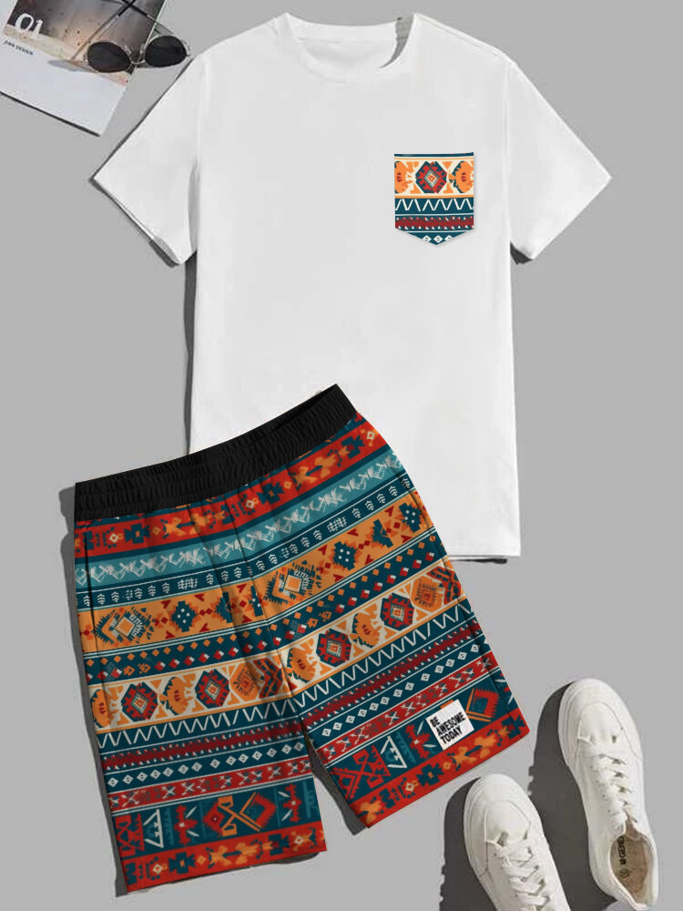 Mens Colorful Geometric Print Crew Neck Ethnic Two Pieces Outfits