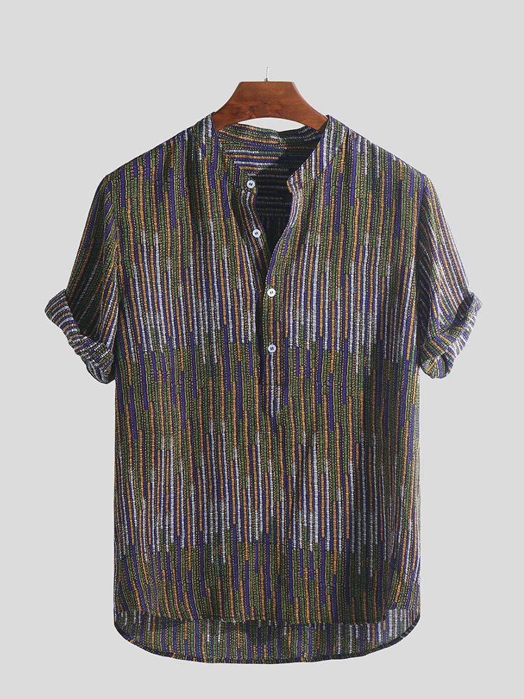 Mens Ethnic Style Printed Stand Collar Colorful Stripe Short Sleeve Loose Henley Shirts