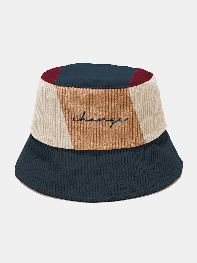 Unisex Corduroy Color Contrast Patchwork Scrawled Letter Embroidery Fashion Bucket Hat