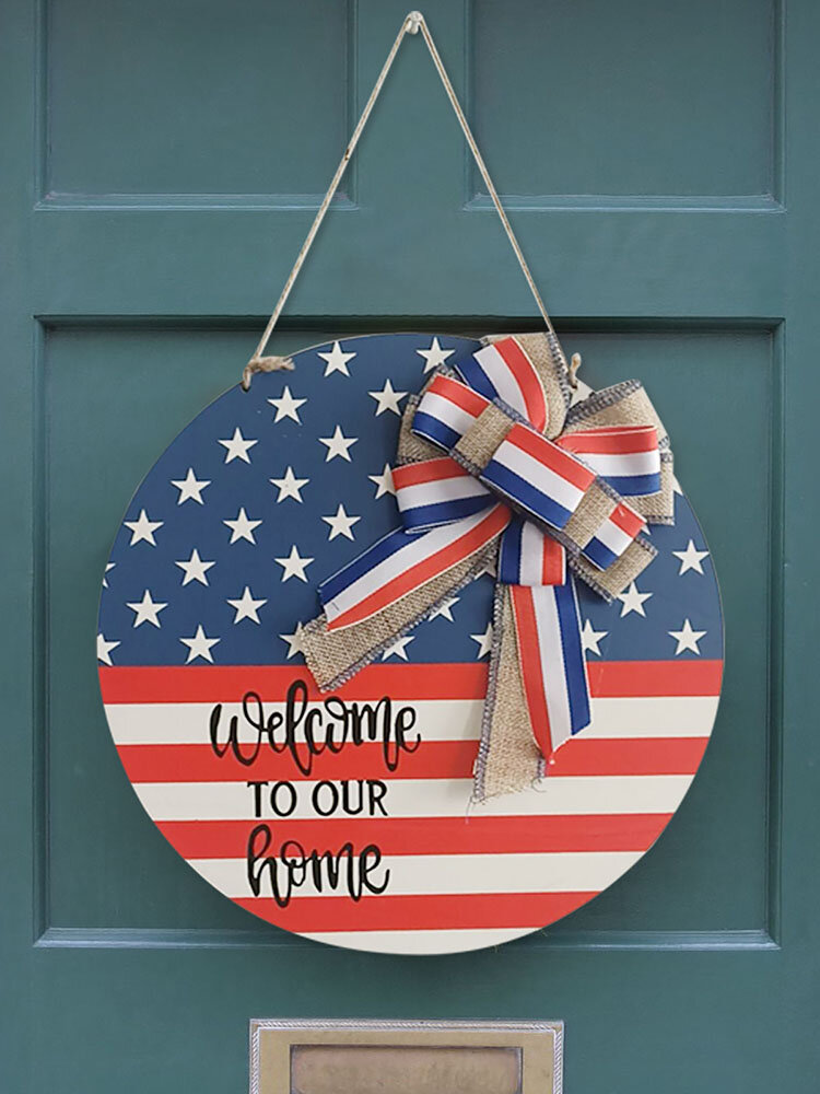

America Independence Day Welcome Sign Wooden Plaque Front Door Round Card Hanger Family Holiday Garden Decoration