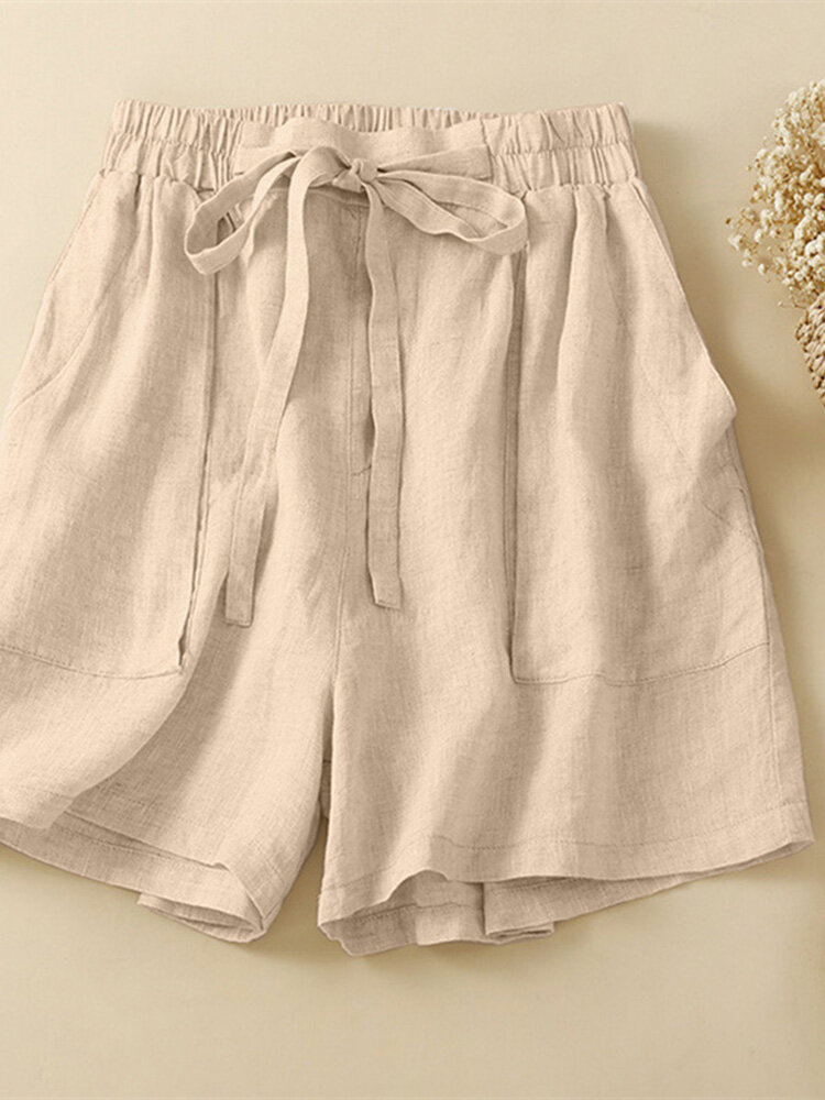 Women Solid Tie Waist Cotton Casual Shorts With Pocket