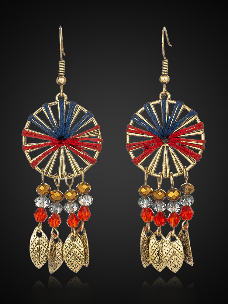 Alloy Cotton Acrylic Hand-woven Colorful Cotton Thread Rice Beads Pendant Tassel Earrings