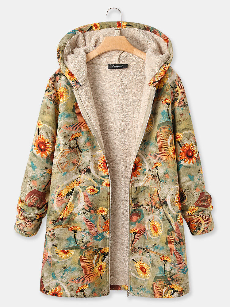 Vintage Chrysanthemum Print Fleece Plus Size Hooded Coat