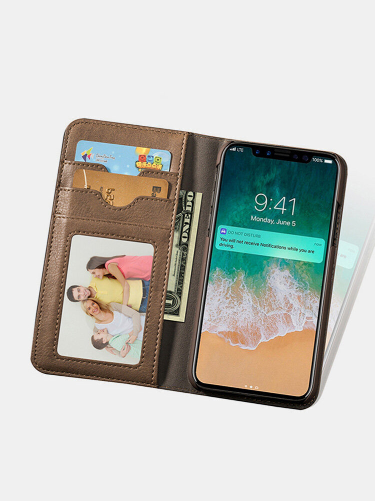 Leather Wallet Phone Case Slim Flip Cover Kickstand with Movable Card Holder For Iphone