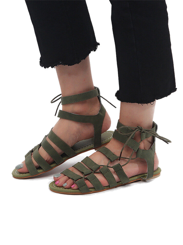 

Straps Lace Up Flat Gladiator Sandals, Khaki;dark blue;gray;green