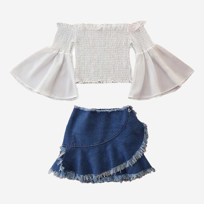 

Girl's Off Shoulder Trumpet Sleeves T-shirt+Tassels Denim Skirt Casual Set For 2-8Y, As picture