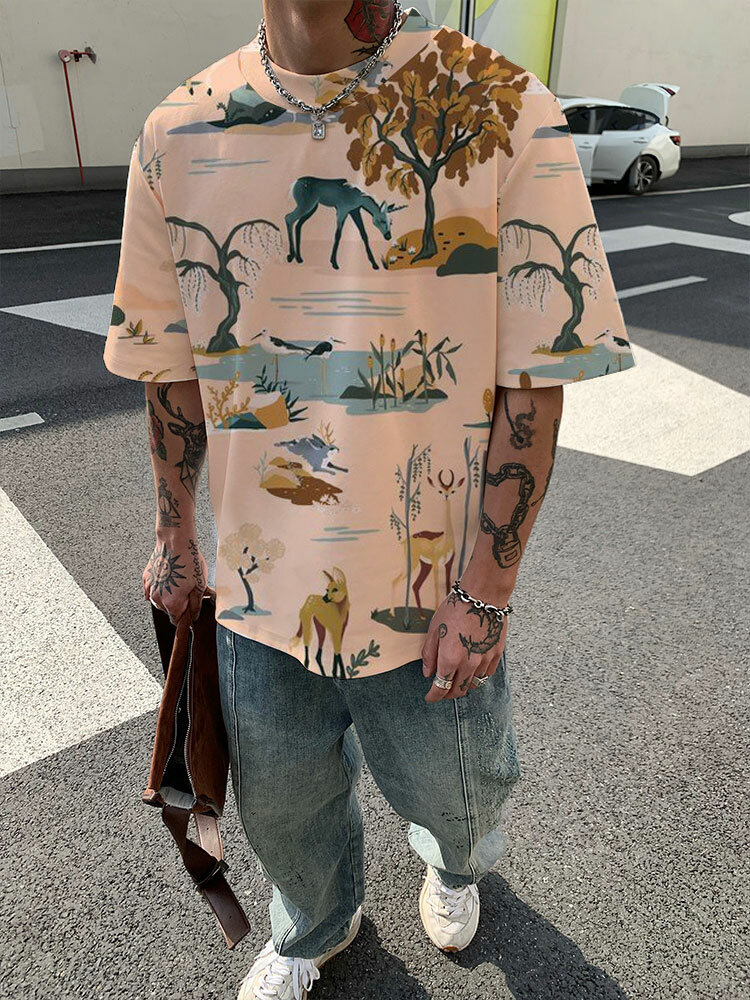 Camisetas masculinas de manga curta com estampa de animais e plantas