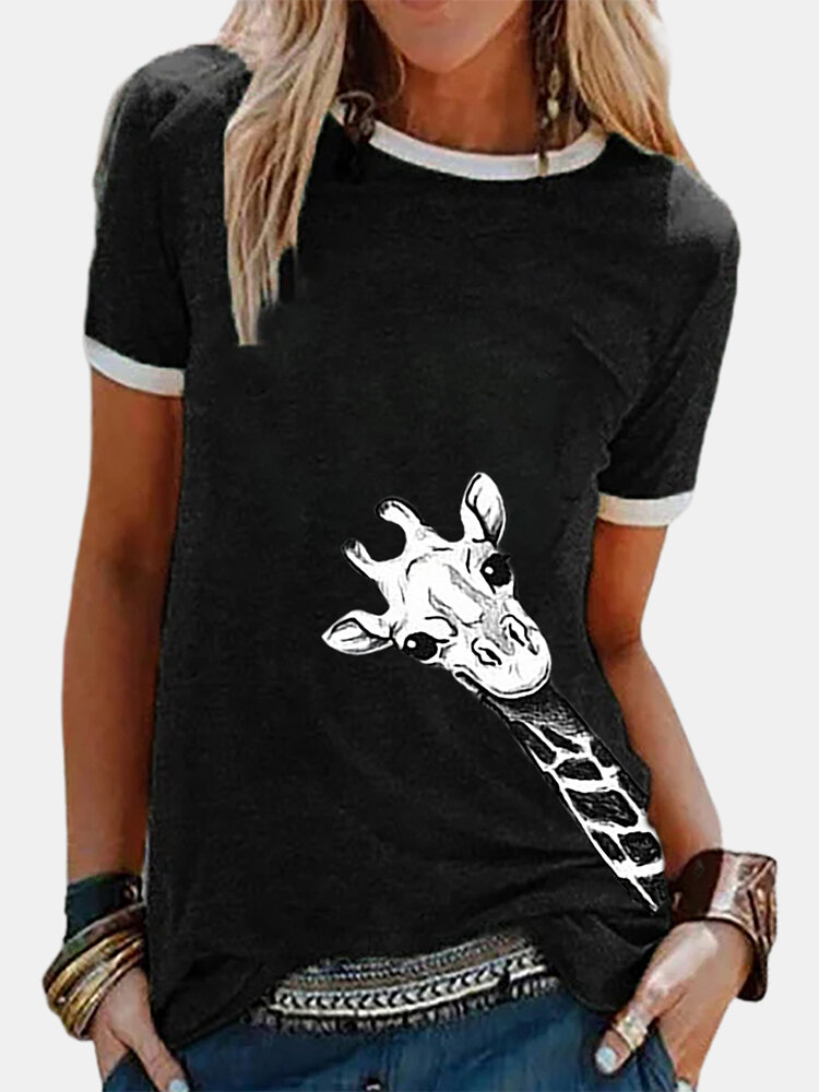 Giraffe Printed O-neck Short Sleeve T-shirt For Women