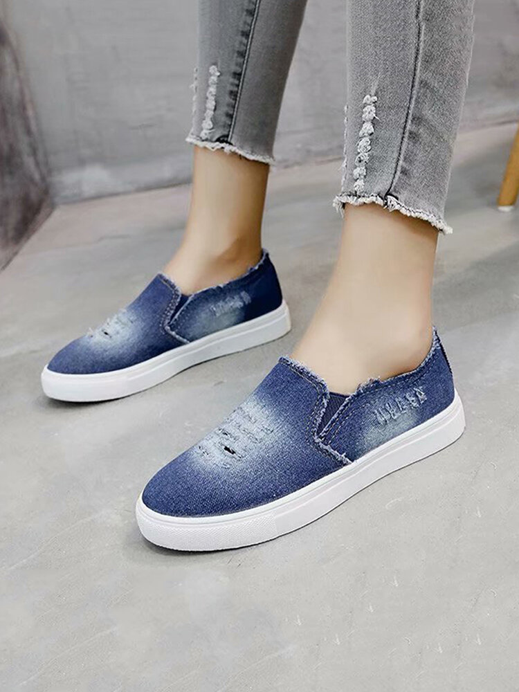 Women Brief Large Size Solid Color Ripped Denim Comfortable Flat Skate Shoes