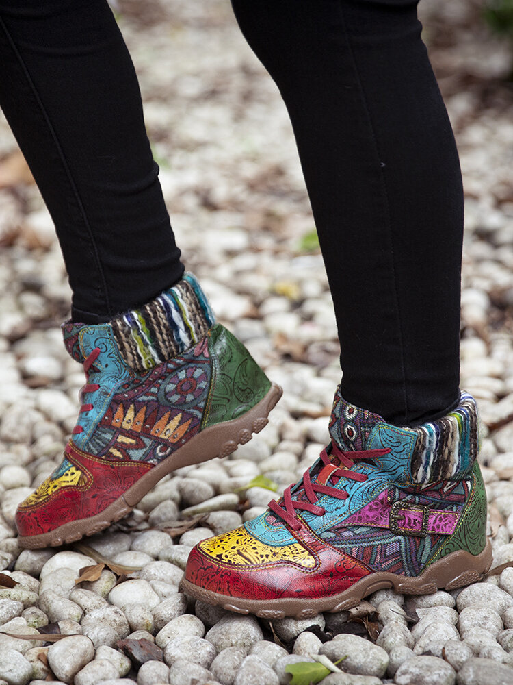 Sокофий Retro Ethnic Шаблон Color Block Кожаный лоскутный шерстяной шнурок со свободным носком Soft Flat Ботинки