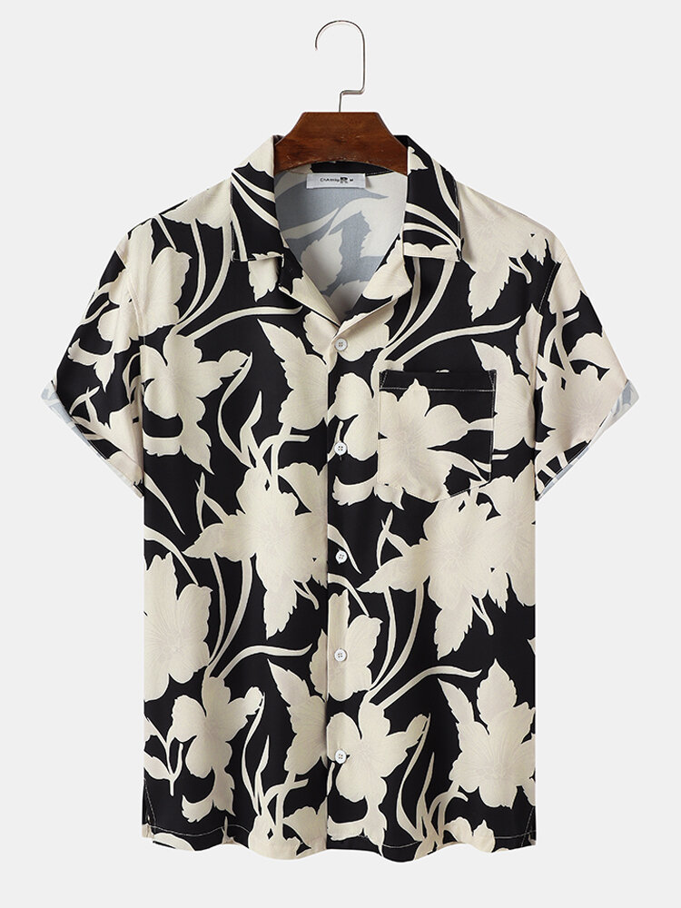 Mens Flowery Graphic Ornament Front Buttons Skin Friendly Shirts