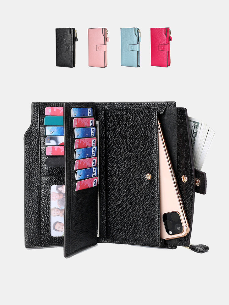 

Women Genuine Leather Cow Leather RFID Anti-theft Lychee Pattern 5.8 Inch Phone Bag Clutch Purse Multi-slot Card Holder, Black;pink;blue;red