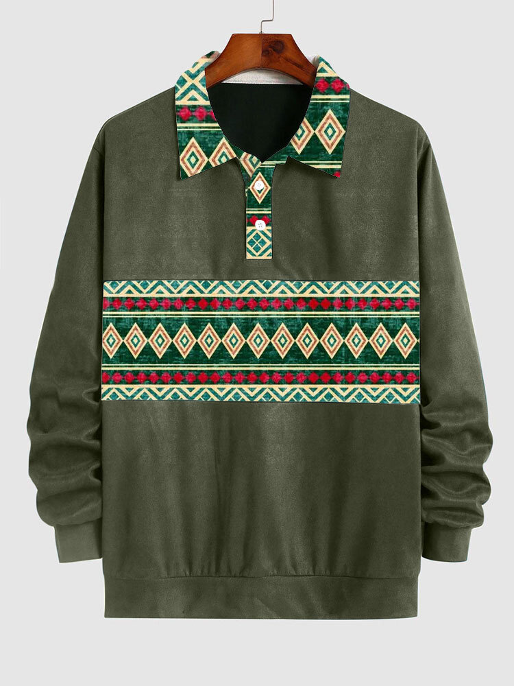 Mens Ethnic Vintage Argyle Pattern Patchwork Lapel Pullover Sweatshirts Winter