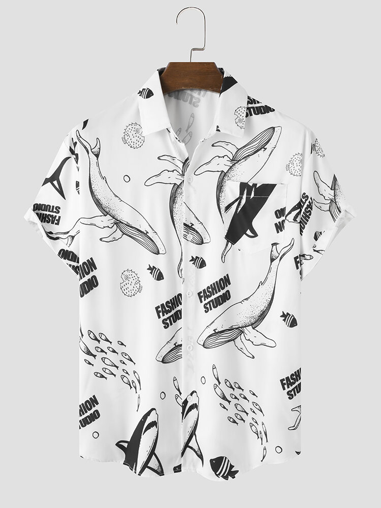 Mens Whale Letter Print Button Up Short Sleeve Shirts