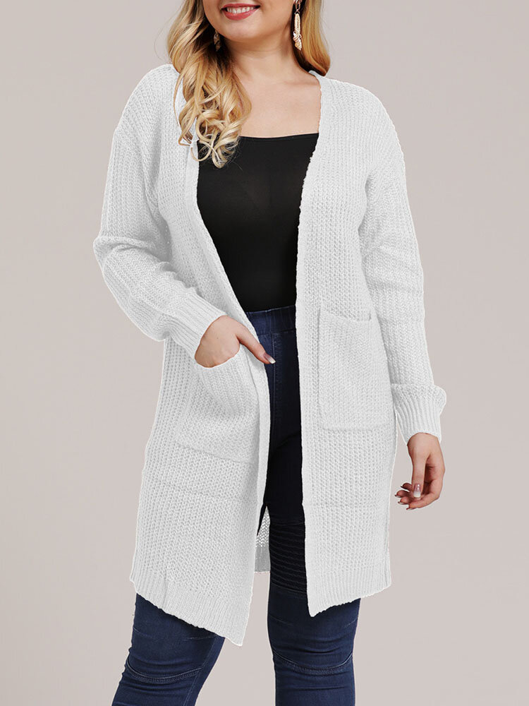 Plus Size Loose Solid Pocket Long Sleeve Casual Cardigan