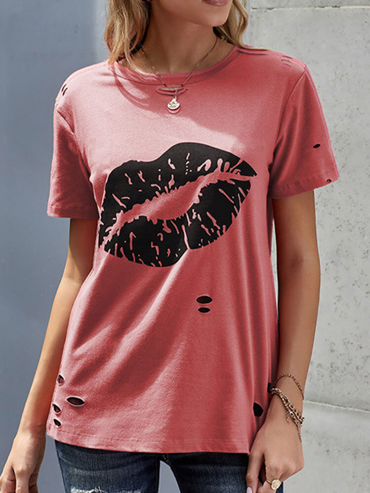 

Ripped Short Sleeve O-neck Lips Print Casual T-Shirt For Women, Red