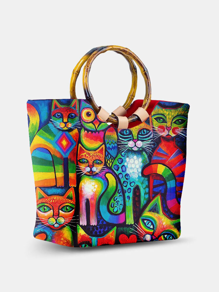 Women Beach Summer Straw Colorful Cartoon Cat Pattern Handbag Tote