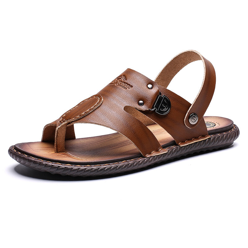 Large Size Men Leather Metal Decoration Non-slip Slippers Casual Beach Sandals 